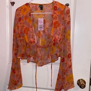 Pink flower see through top with tie